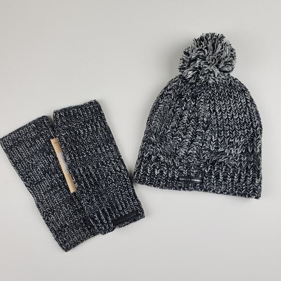 Rebecca Minkoff Marled Knit Pom Beanie Hat Hand Arm Warmer Set Women's - Picture 3 of 10